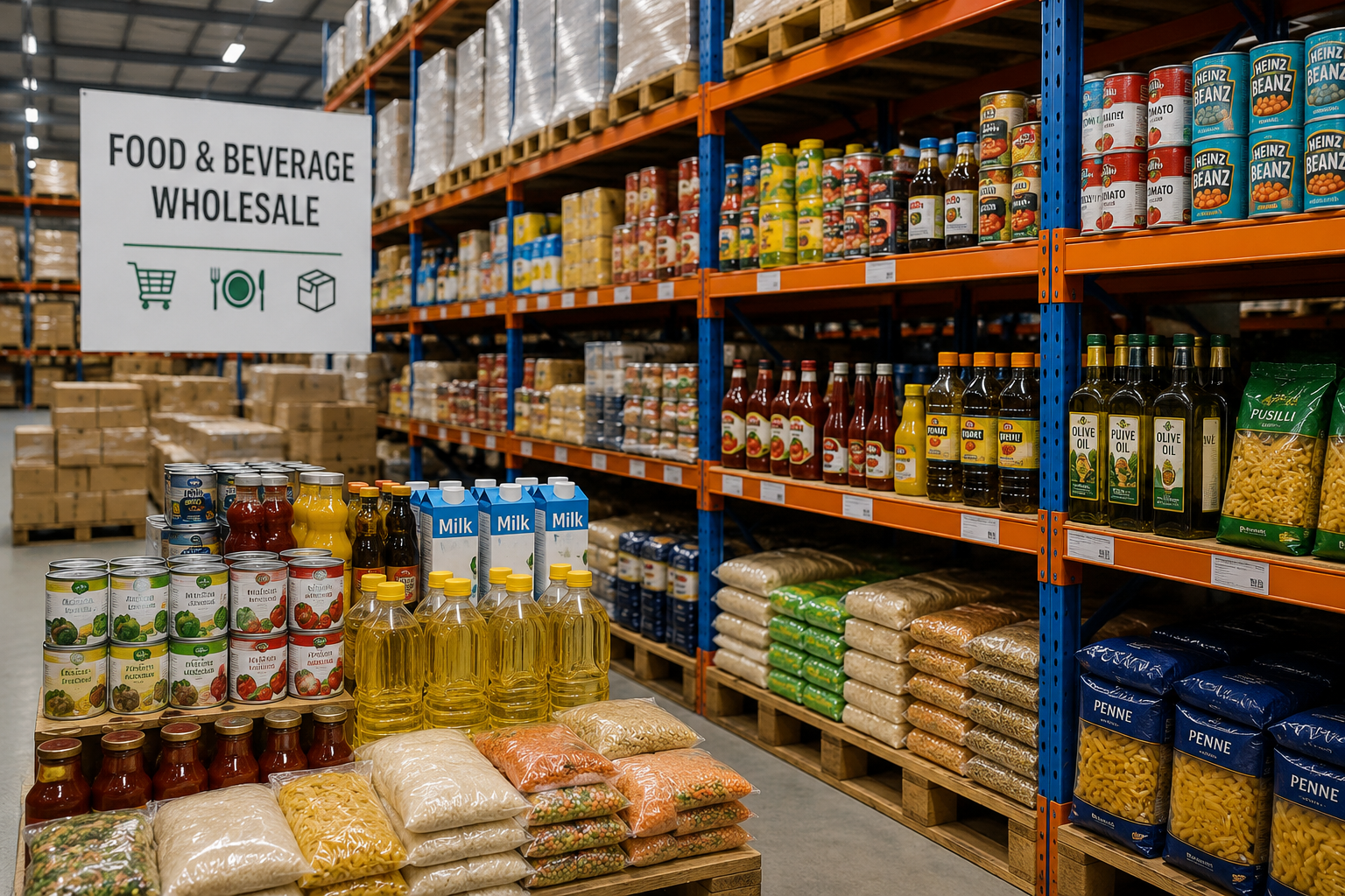 Well-stocked warehouse shelves with food and beverage products ready for distribution